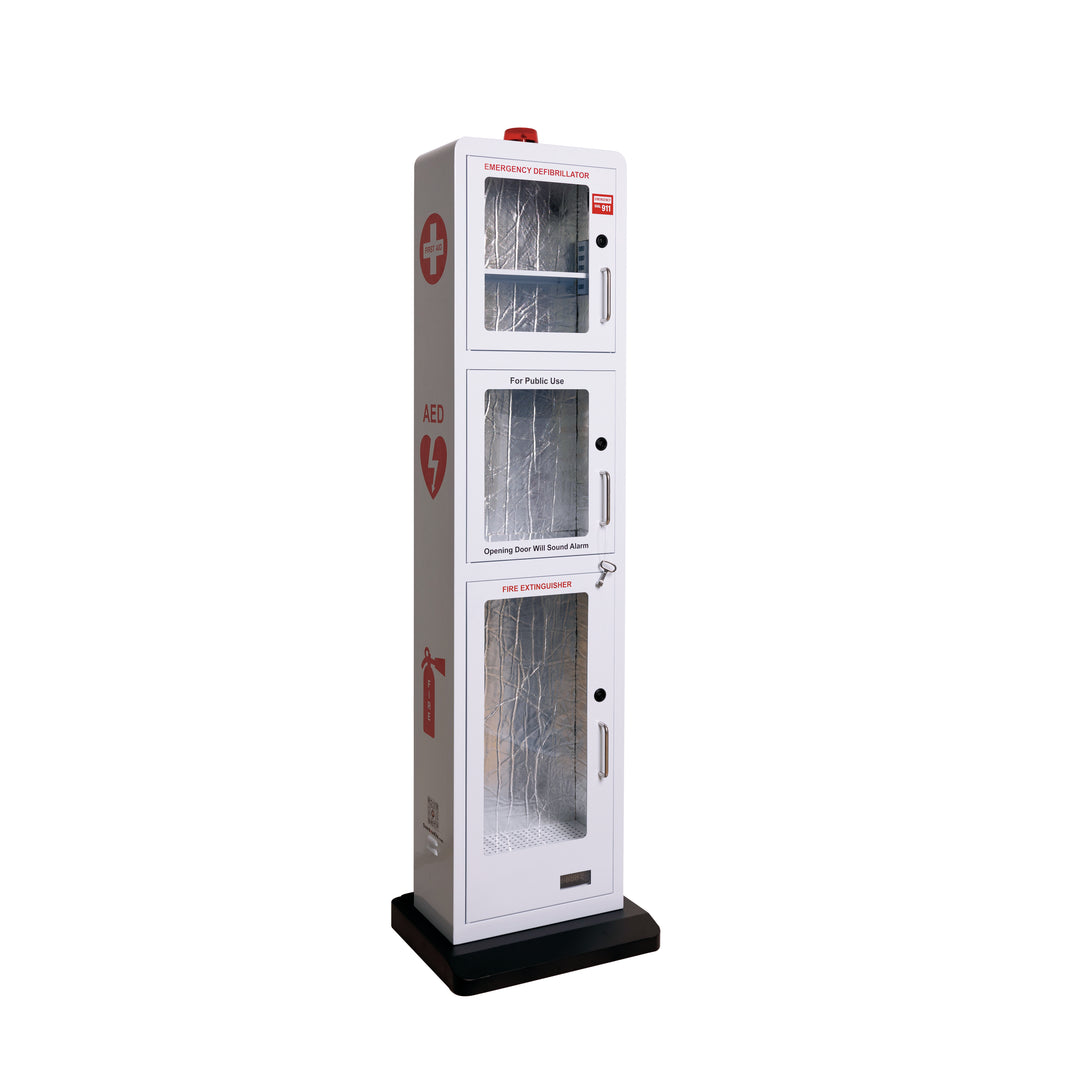 Powder-coated white steel emergency station floor stand, customizable with organization graphics and logos.