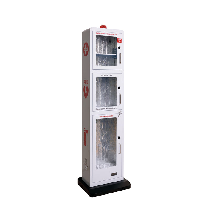 Powder-coated white steel emergency station floor stand, customizable with organization graphics and logos.