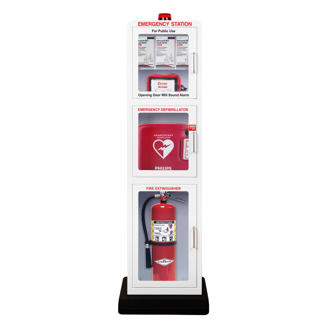 All-in-One Emergency Safe Station Floor Stand – AED, Naloxone, First Aid & Fire Storage - White / Standard (Indoor & Outdoor Use)-White / Heating Included -  2