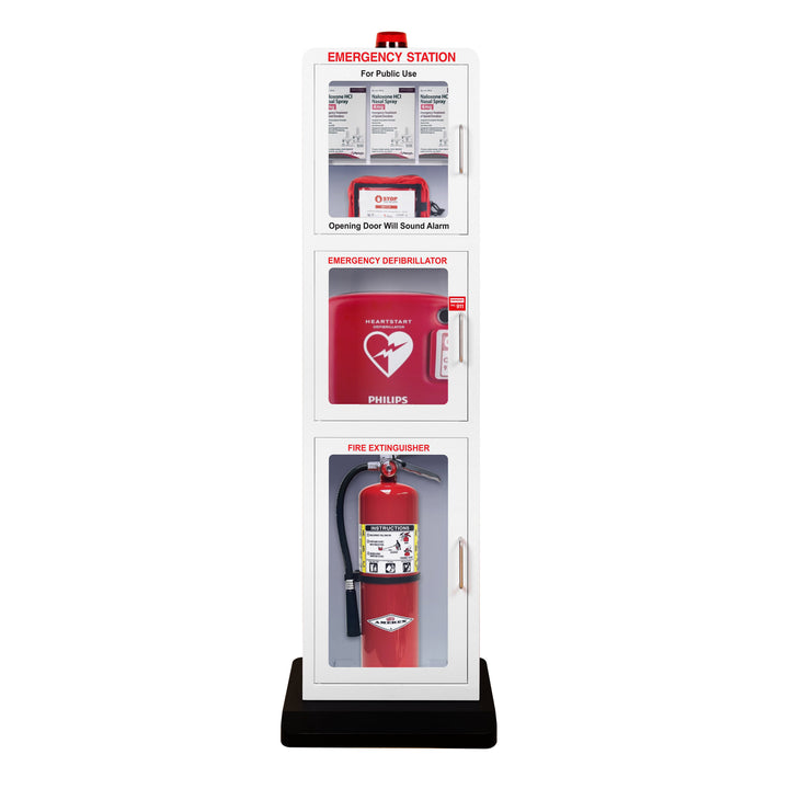 All-in-One Emergency Safe Station Floor Stand – AED, Naloxone, First Aid & Fire Storage - White / Standard (Indoor & Outdoor Use)-White / Heating Included -  2