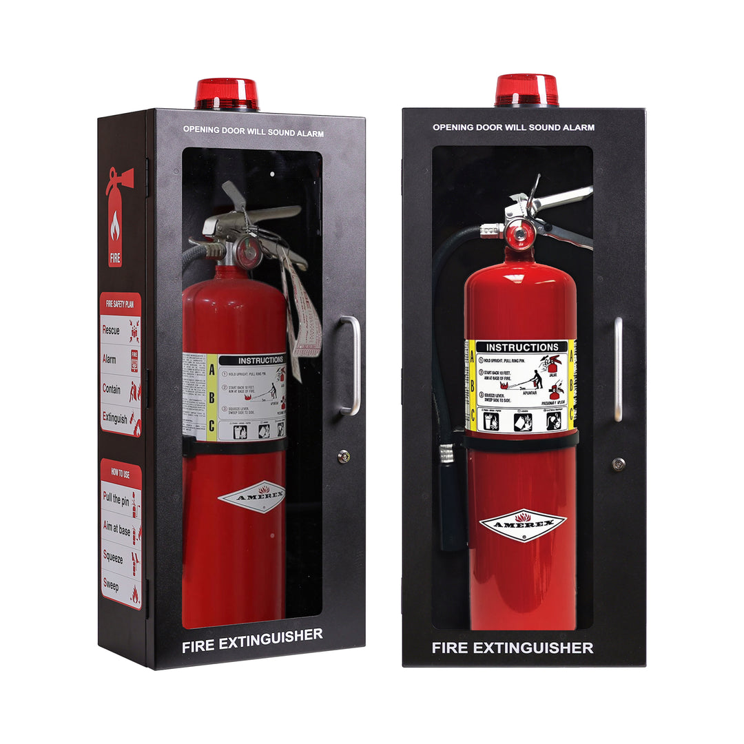 Fire Extinguisher Cabinet | Wall & Surface Mount | Holds 2.5 pound, 5 lb or 10 lb Extinguishers | Optional Alarm & Lock | Fire Safety Instructions Included