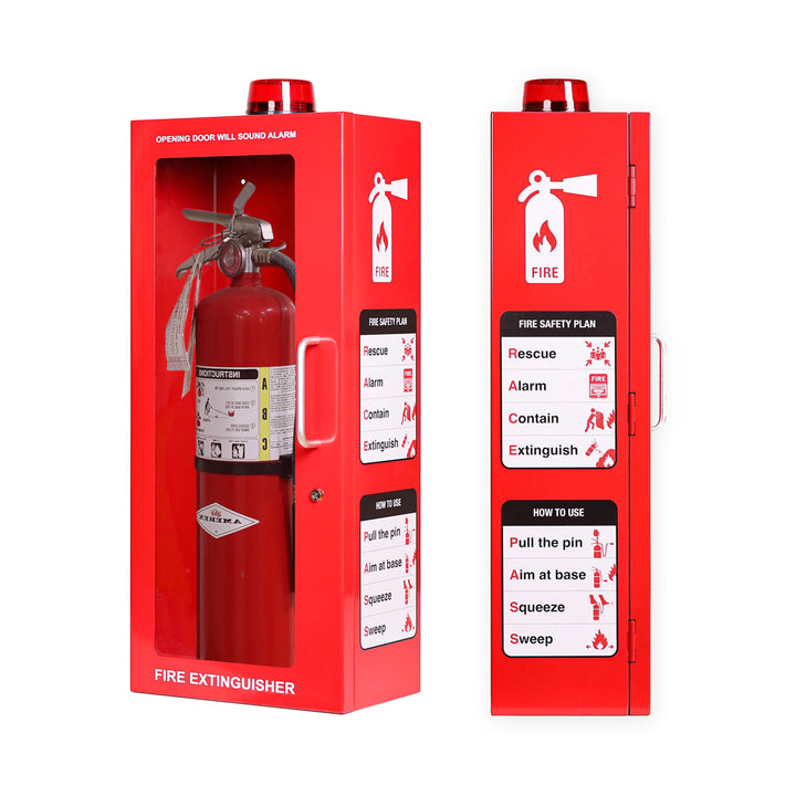 Fire Extinguisher Cabinet | Wall & Surface Mount | Holds 2.5 pound, 5 lb or 10 lb Extinguishers | Optional Alarm & Lock | Fire Safety Instructions Included