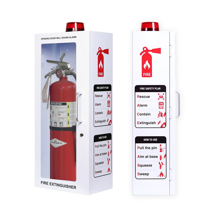 Fire Extinguisher Cabinet | Wall & Surface Mount | Holds 2.5 pound, 5 lb or 10 lb Extinguishers | Optional Alarm & Lock | Fire Safety Instructions Included