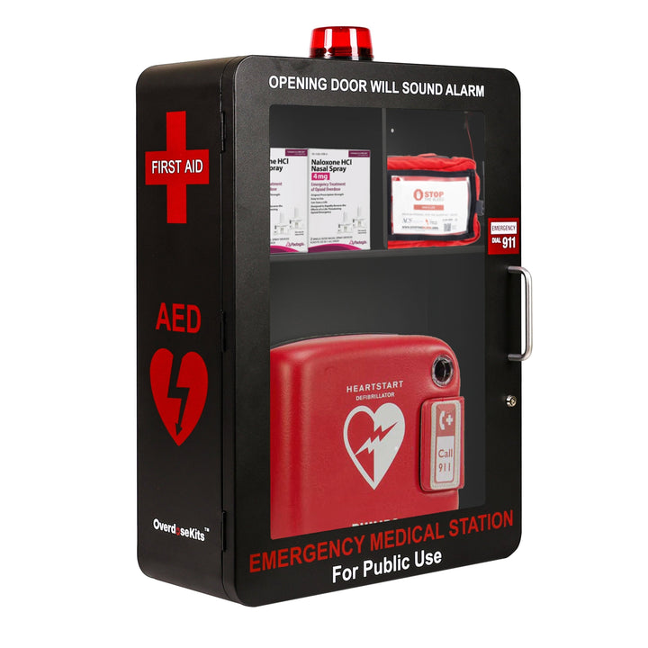 Emergency Medical Station | AED & Naloxone Wall Mount Cabinet Designed to Store AED's, Naloxone Overdose Kits, Bleeding Control Kits & First Aid Kits for Public Spaces