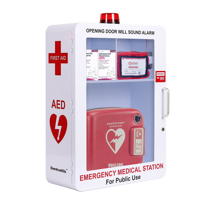 Emergency Medical Station | AED & Naloxone Wall Mount Cabinet Designed to Store AED's, Naloxone Overdose Kits, Bleeding Control Kits & First Aid Kits for Public Spaces