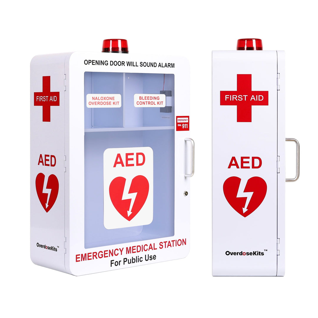 Emergency Medical Station | AED & Naloxone Wall Mount Cabinet Designed to Store AED's, Naloxone Overdose Kits, Bleeding Control Kits & First Aid Kits for Public Spaces