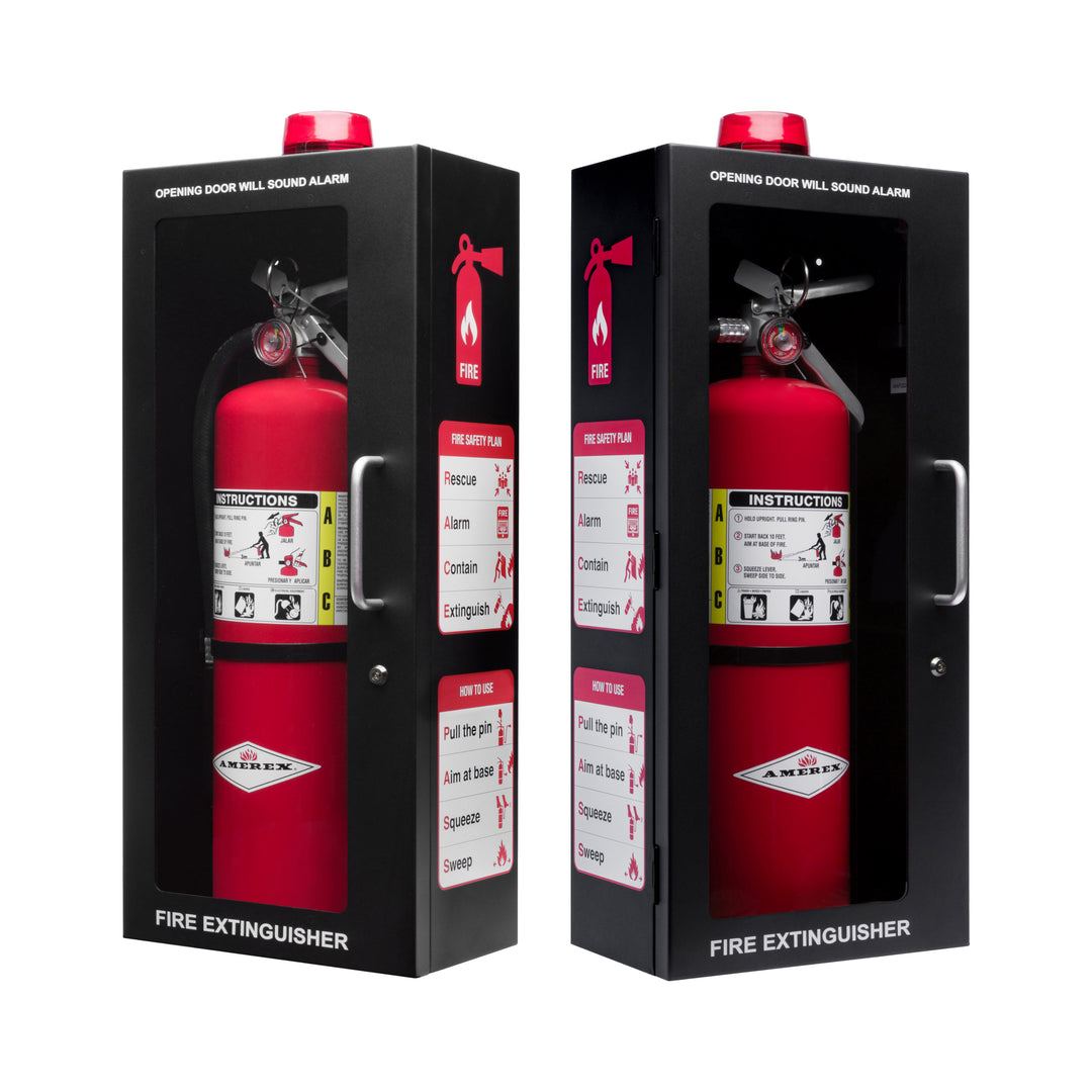 Fire Extinguisher Cabinet | Wall & Surface Mount | Holds 2.5 pound, 5 lb or 10 lb Extinguishers | Optional Alarm & Lock | Fire Safety Instructions Included