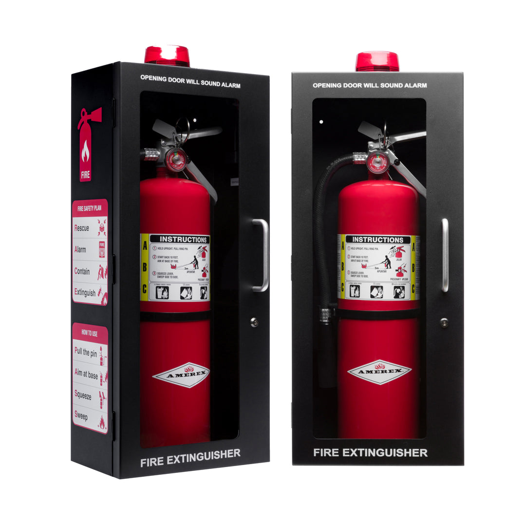 Fire Extinguisher Cabinet | Wall & Surface Mount | Holds up to 10 lb Extinguishers | Optional Alarm & Lock | Fire Safety Instructions Included