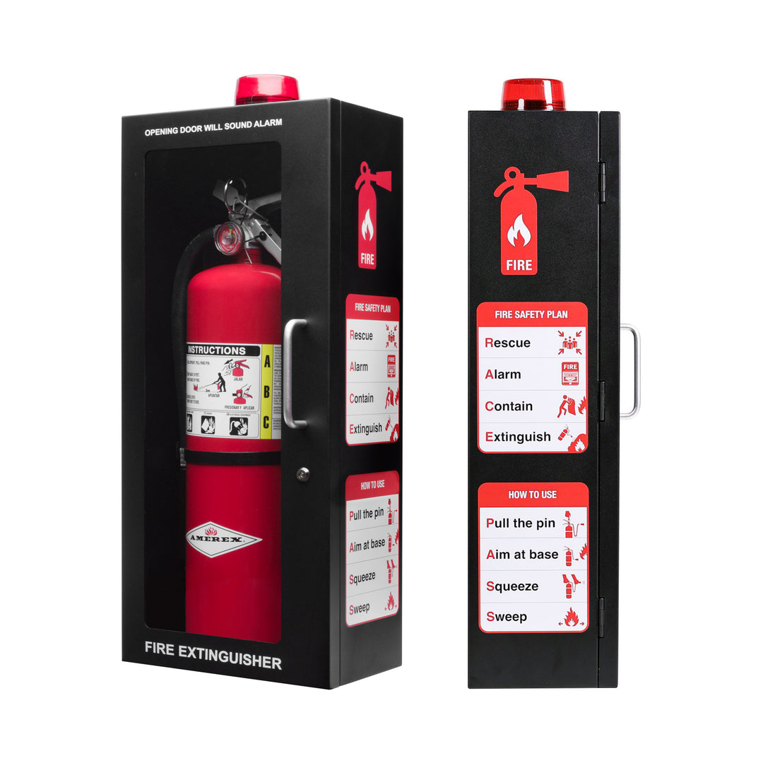 Fire Extinguisher Cabinet | Wall & Surface Mount | Holds up to 10 lb Extinguishers | Optional Alarm & Lock | Fire Safety Instructions Included