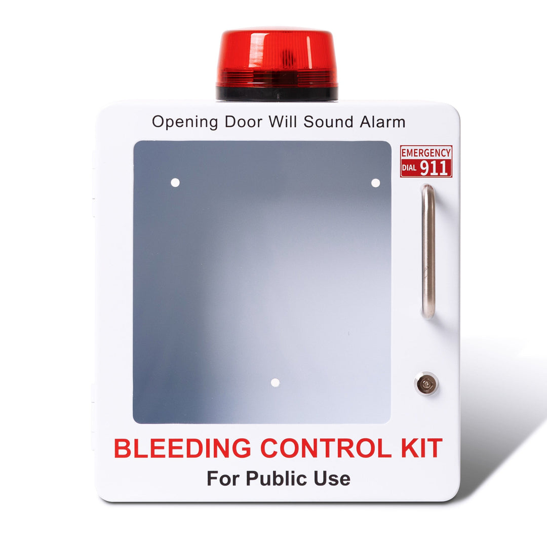 Bleeding control kit with a red alarm on a white background