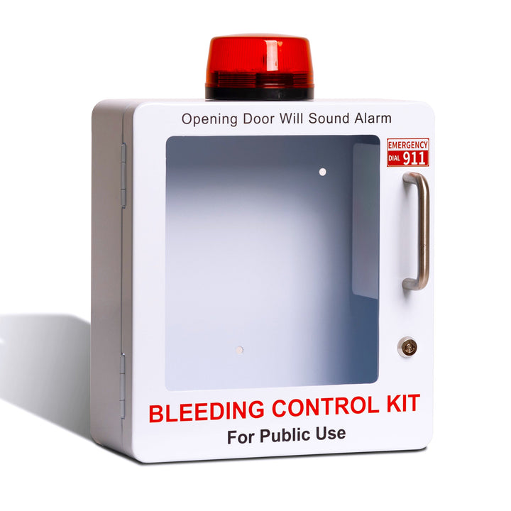 Bleeding control kit with a red alarm light on a white background