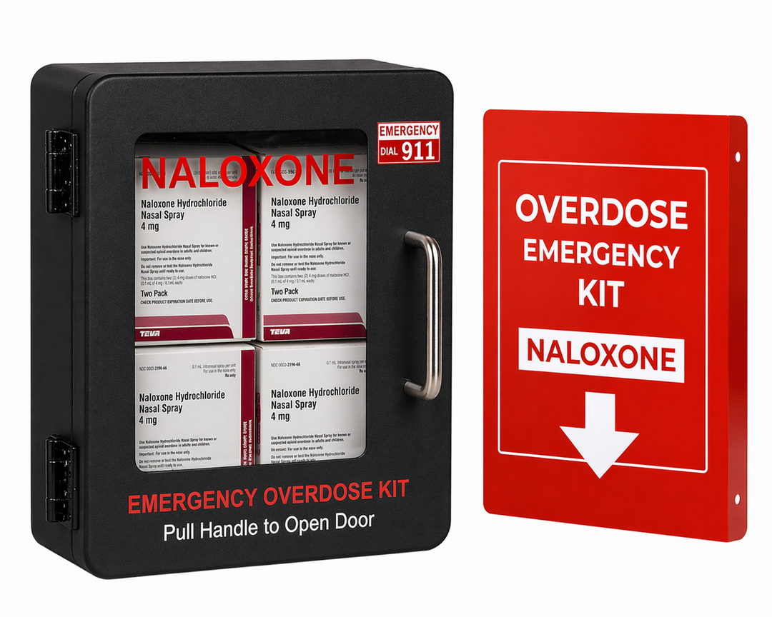 Naloxone Overdose Emergency Kit Wall Mount Cabinet Box with Sign - No Alarm or Lock