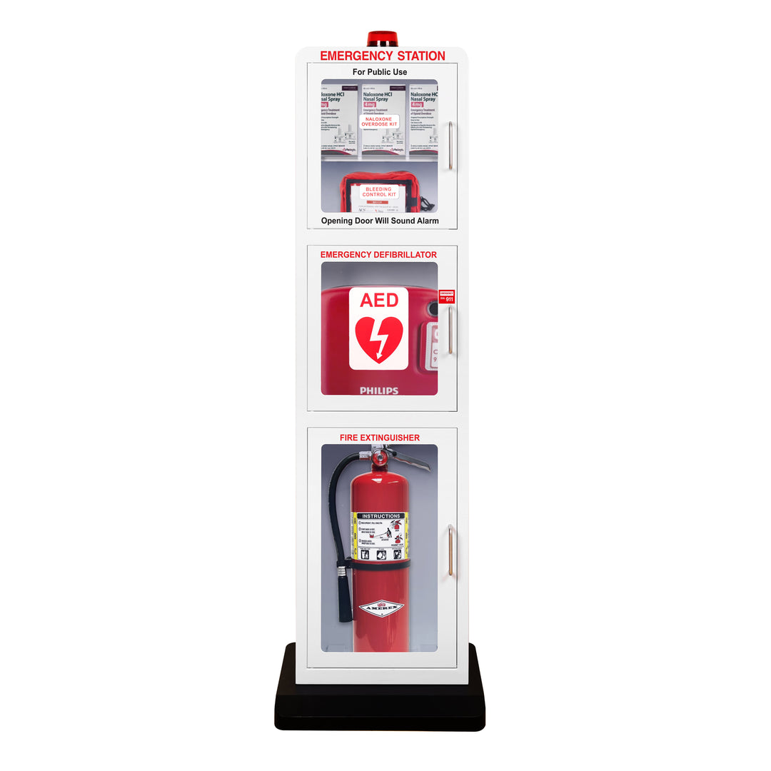 Emergency Station | Store AEDs, Fire Extinguishers, Naloxone Overdose Kits, Bleeding Control Kits & First Aid Kits in a Large Floor Stand Cabinet for Public Spaces