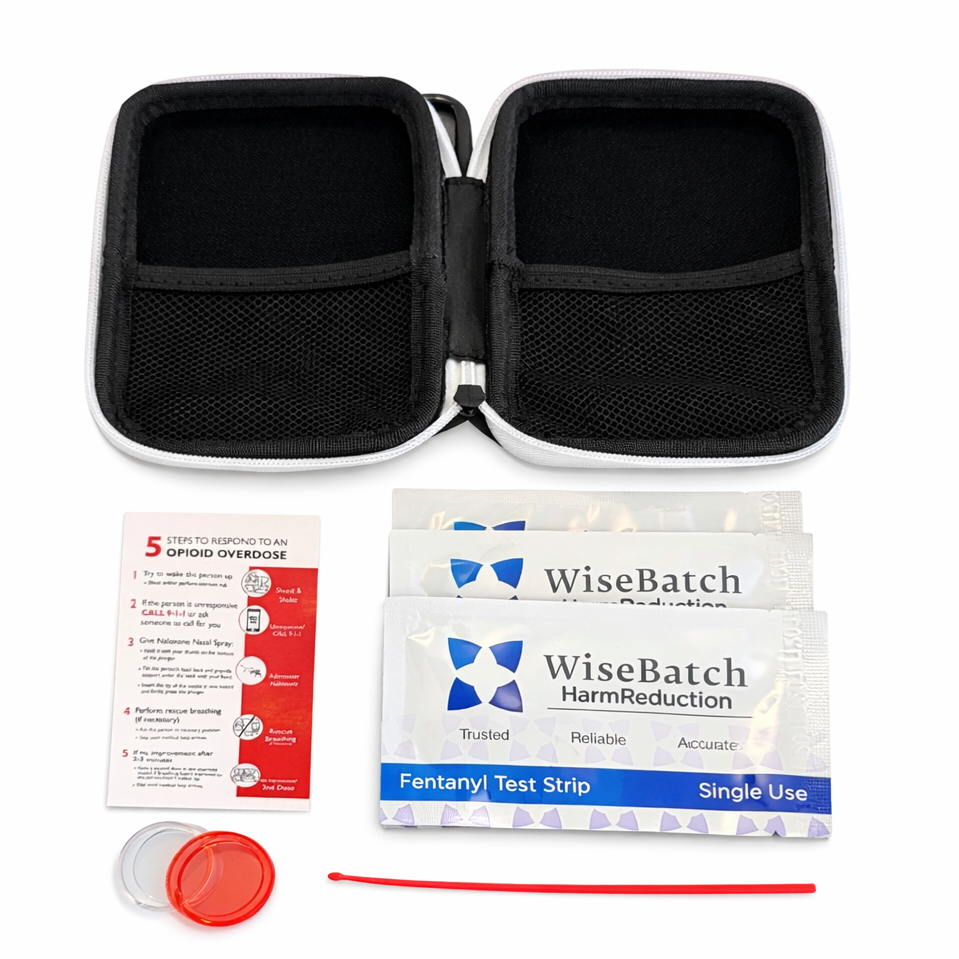 Flat lay view of the WiseBatch hardshell travel case, 5 Fentanyl (FYL) test strips, mixing containers, measuring scoop, and instruction card, presented as a complete opioid overdose response kit. Optimized for harm reduction supply distribution and training.