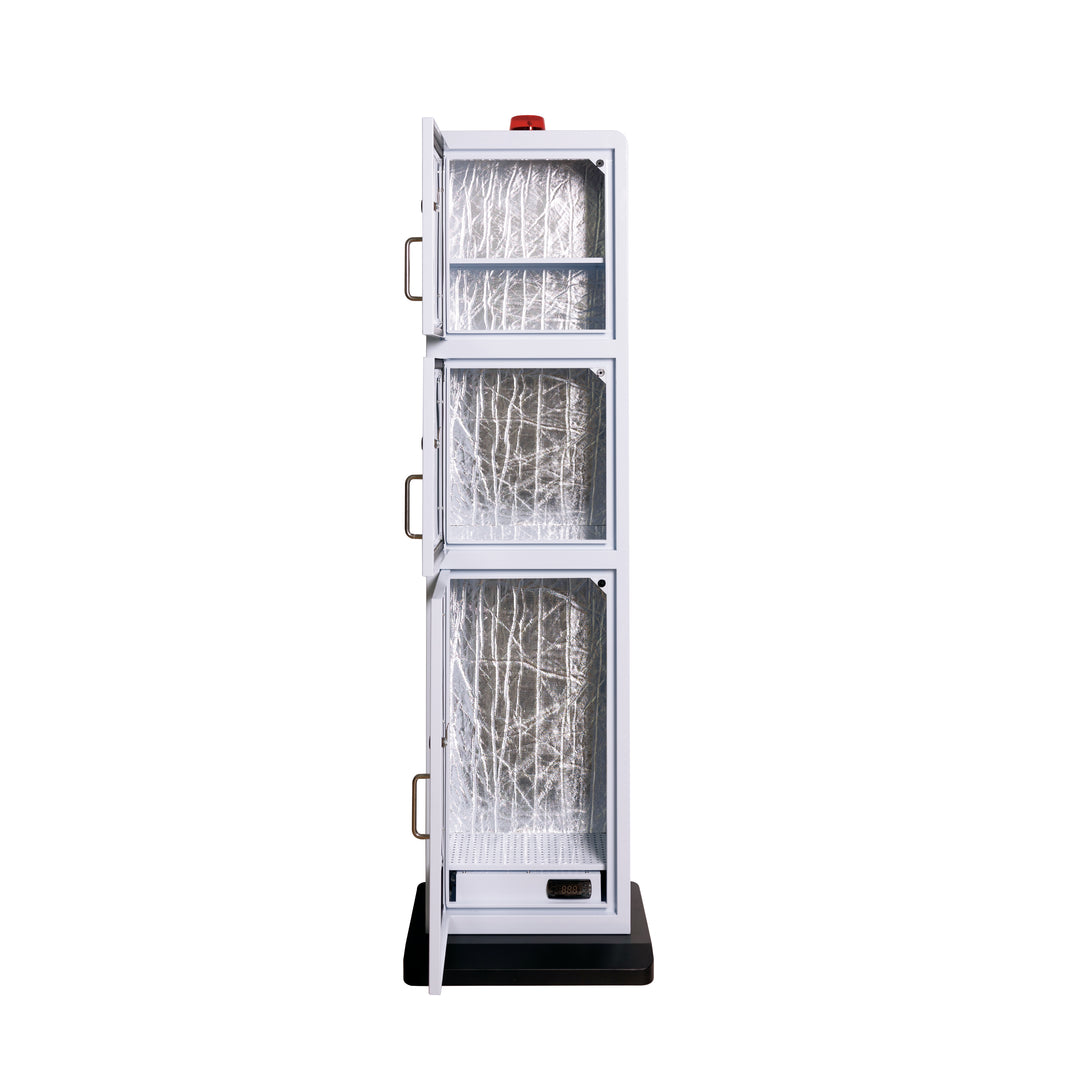 Perspective view of the impact-resistant emergency cabinet featuring secure, tight-closing doors and a stable floor mount base.
