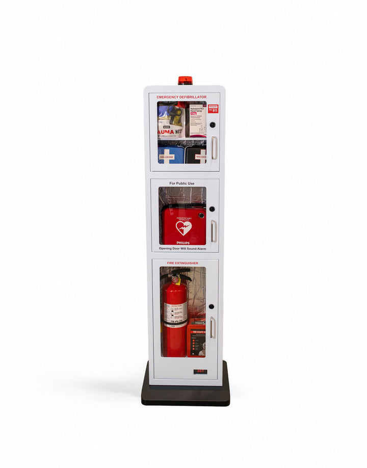 All-in-One Emergency Safe Station Floor Stand – AED, Naloxone, First Aid & Fire Storage