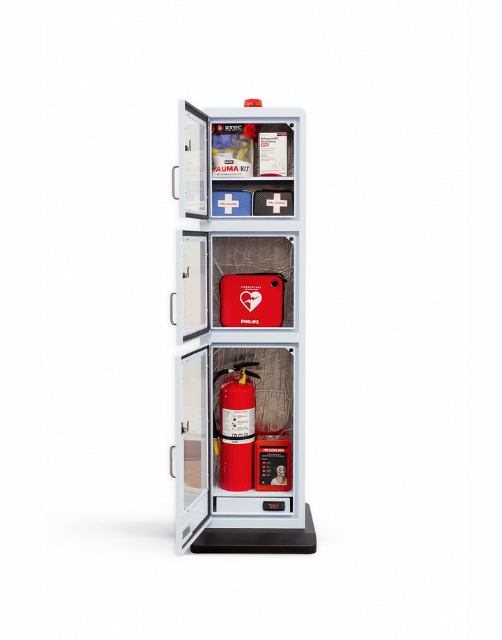 All-in-One Emergency Safe Station Floor Stand – AED, Naloxone, First Aid & Fire Storage