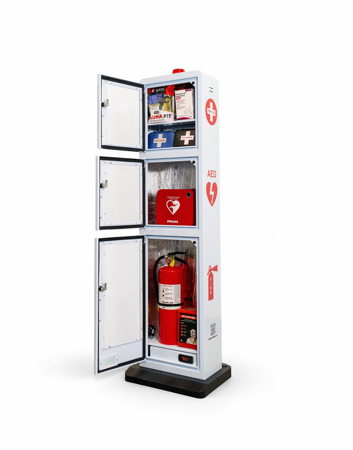 All-in-One Emergency Safe Station Floor Stand – AED, Naloxone, First Aid & Fire Storage