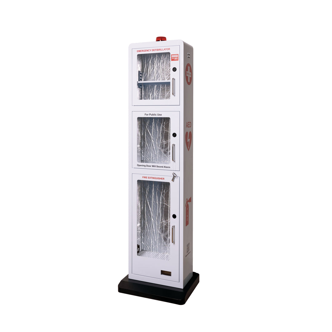 Lower compartment of the emergency safe station floor stand designed to fit up to a 10 lb fire extinguisher for rapid response.
