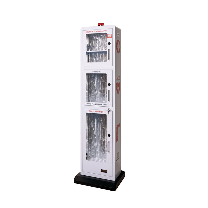 Lower compartment of the emergency safe station floor stand designed to fit up to a 10 lb fire extinguisher for rapid response.