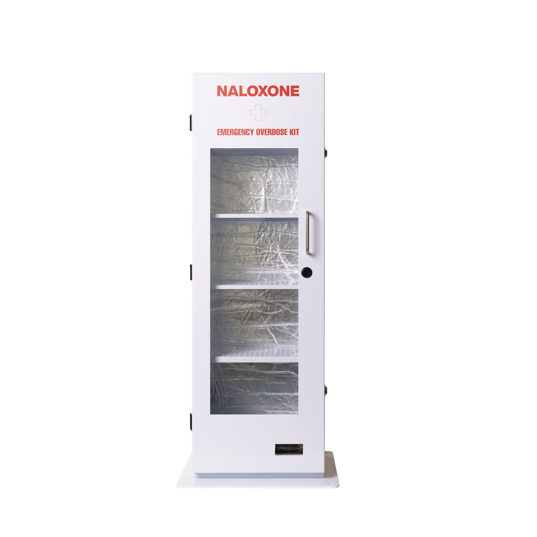 Rear view of the white powder-coated steel emergency station featuring a built-in audible alarm and flashing light to signal emergency use and deter theft.