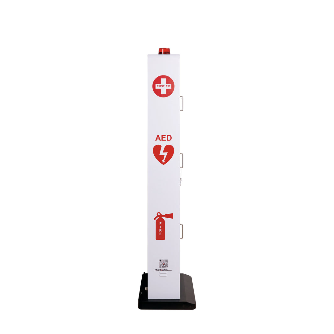 Side view of the floor stand featuring clear identification labels for Fire, AED, and First Aid for quick recognition in high-traffic areas.
