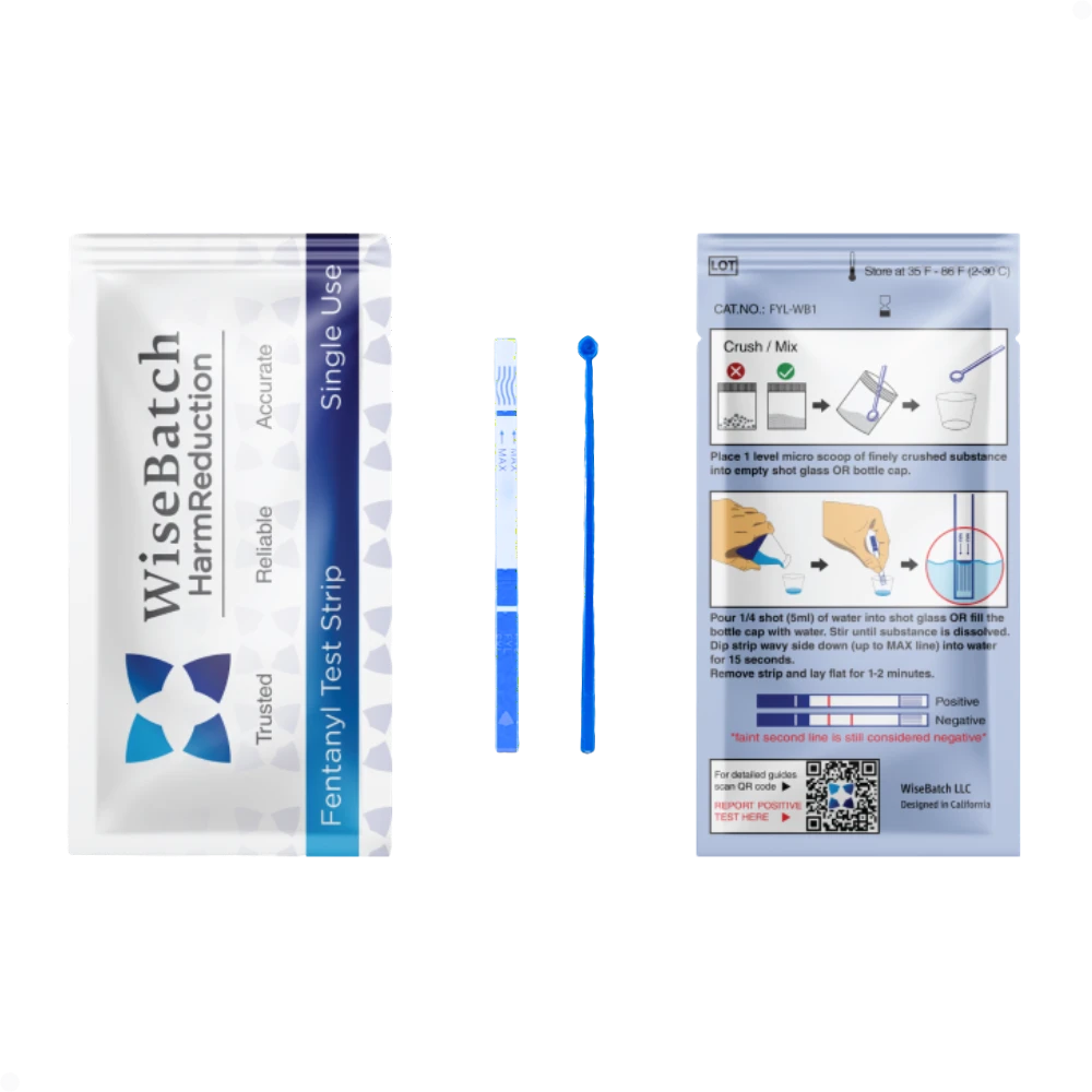 Overdose Kits brand fentanyl test strip kit with canvas bag, mixing container, and instructions.
