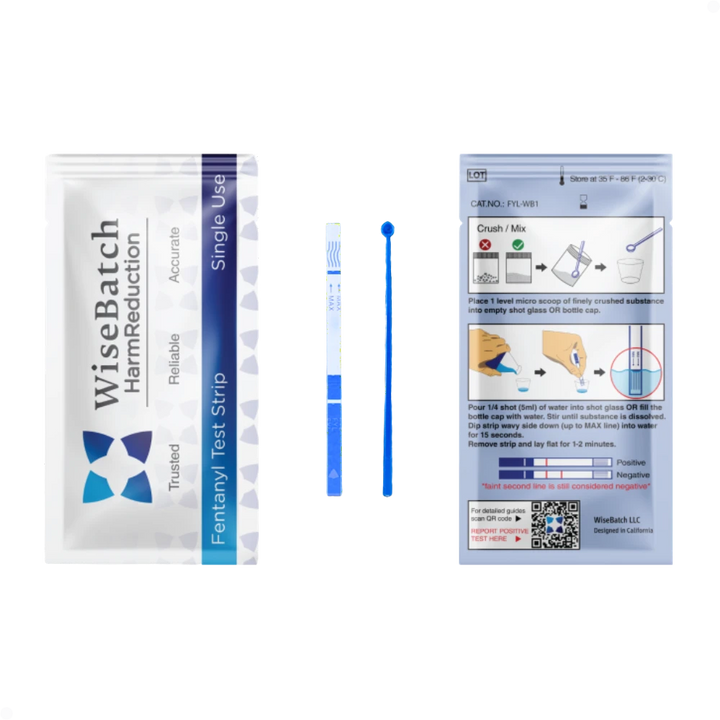 Overdose Kits brand fentanyl test strip kit with canvas bag, mixing container, and instructions.