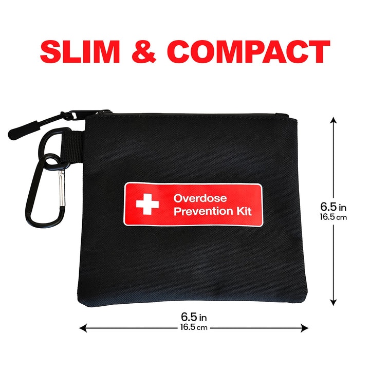 Overdose Kits black canvas bag with red "Overdose Prevention Kit" patch and carabiner. Slim & compact design.