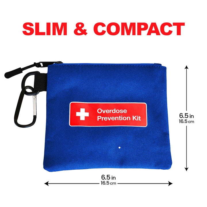 Overdose Kits blue canvas pouch with red "Overdose Prevention Kit" label, zipper, and carabiner. Slim & compact design.