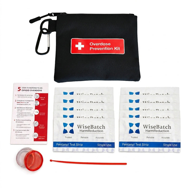 Overdose Kits black canvas bag kit with fentanyl test strips, mixing container, spoon, and instructions.