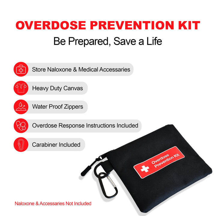 Overdose Kits black canvas bag with red "Overdose Prevention Kit" label, carabiner, and zipper. Includes test strips and accessories.