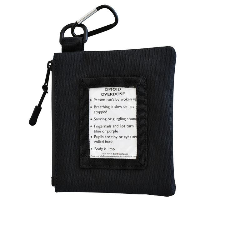 Overdose Kits black canvas pouch with carabiner, includes overdose instructions and test strips. Water-resistant design.