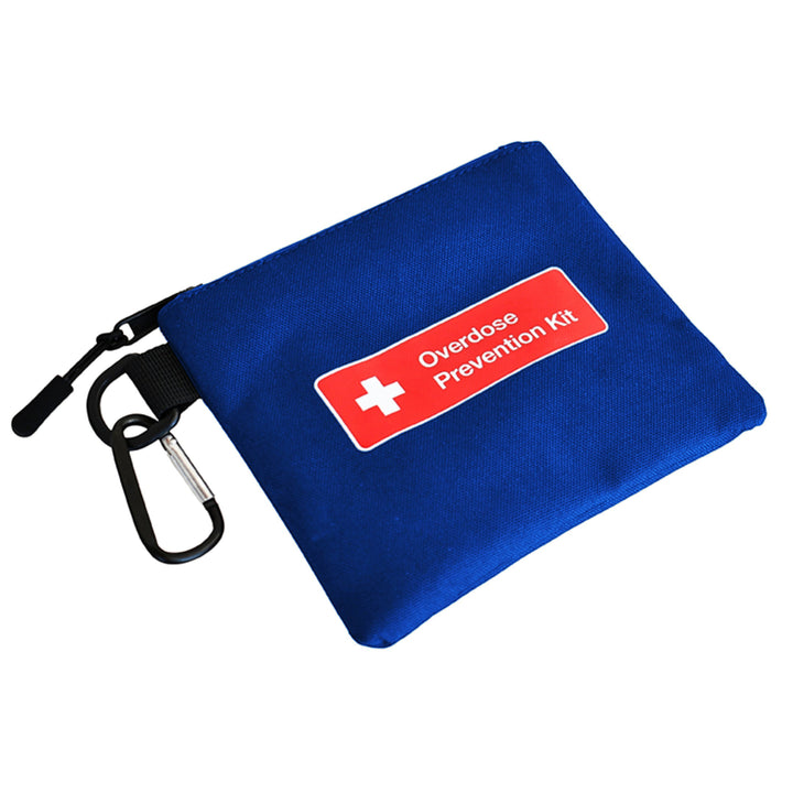 Overdose Kits blue canvas pouch with red "Overdose Prevention Kit" label and carabiner clip