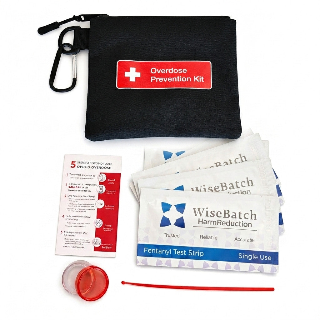 Overdose Kits black canvas pouch with red "Overdose Prevention Kit" label, fentanyl test strips, instructions, and mixing container.