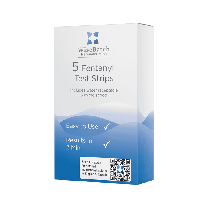 Box of WiseBatch Fentanyl Test Strips on a white background
