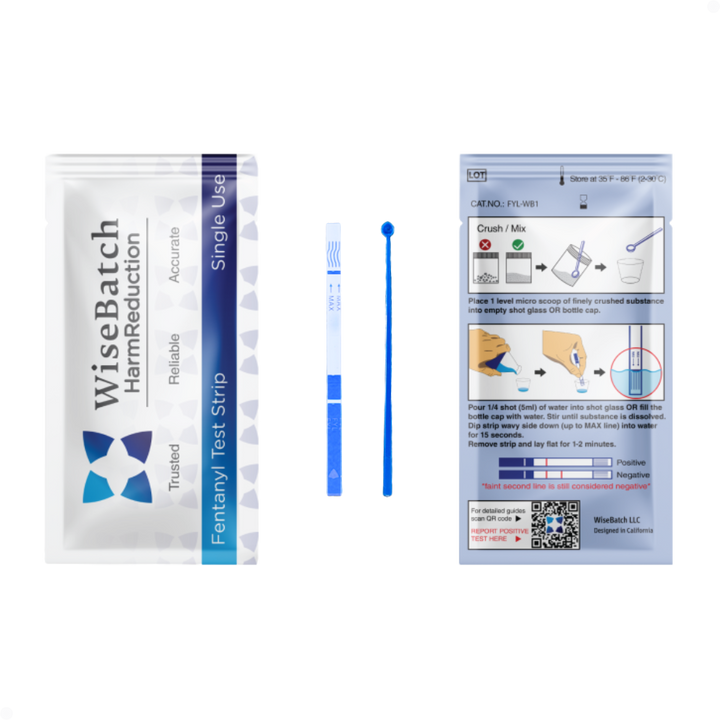 Complete Fentanyl detection kit including the WiseBatch Harm Reduction single-use pouch, one FYL test strip, and a blue micro measurement scoop. The back of the pouch displays visual instructions and a QR code for detailed testing guidance.