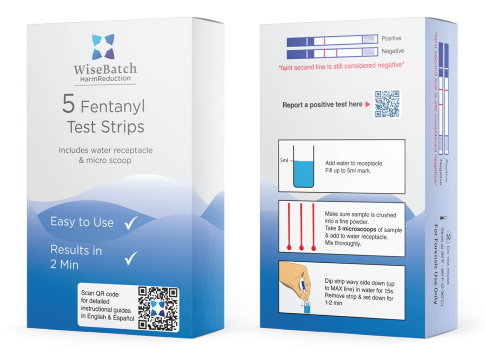 WiseHatch Fentanyl Test Strips packaging with instructions on a white background