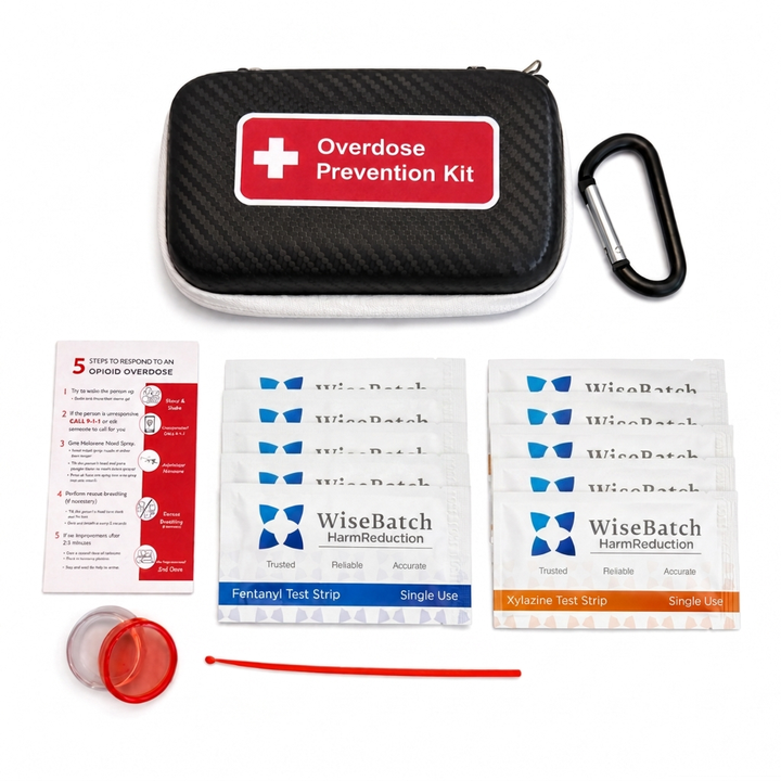 Overdose prevention kit with test strips, case, and tools