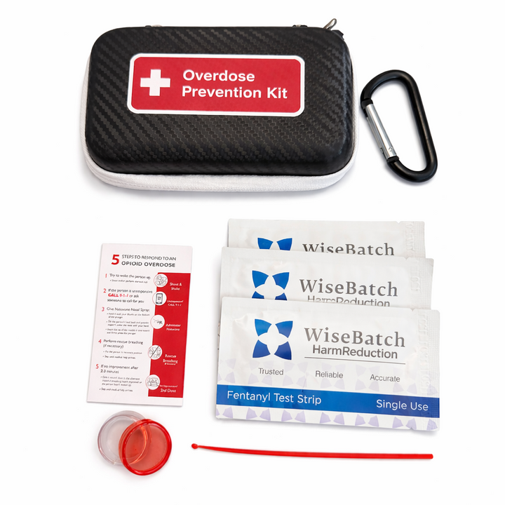 Complete Fentanyl (FYL) overdose prevention kit featuring a carbon fiber hardshell carry case with carabiner, 5 WiseBatch test strips, a 10mg measuring spoon, mixing containers, and a step-by-step opioid overdose response guide.