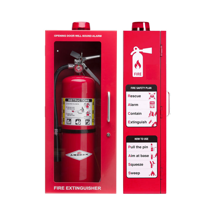 A red fire extinguisher wall mount cabinet with a visible fire extinguisher label and instructions for use. The cabinet is open, revealing the red interior with a fire extinguisher mounted inside.