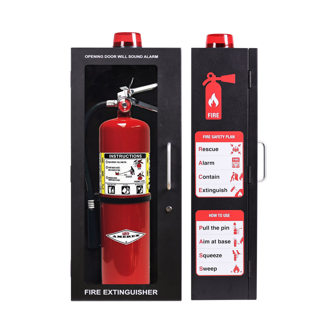 Fire Extinguisher Cabinet | Wall & Surface Mount | Holds 2.5 pound, 5 lb or 10 lb Extinguishers | Optional Alarm & Lock | Fire Safety Instructions Included