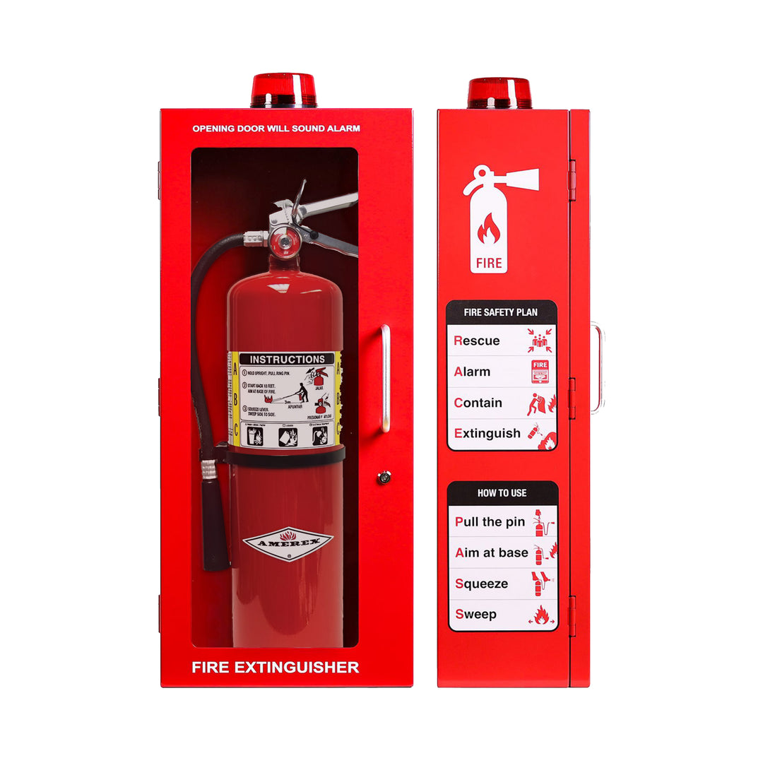 Fire Extinguisher Cabinet | Wall & Surface Mount | Holds 2.5 pound, 5 lb or 10 lb Extinguishers | Optional Alarm & Lock | Fire Safety Instructions Included