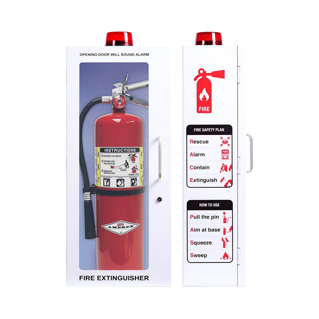 Fire Extinguisher Cabinet | Wall & Surface Mount | Holds 2.5 pound, 5 lb or 10 lb Extinguishers | Optional Alarm & Lock | Fire Safety Instructions Included