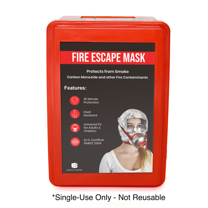 Wall-Mounted Emergency Fire Escape Mask Station for High-Visibility Safety in US & Canada Public Facilities. Single-Use Smoke & Carbon Monoxide Hood Cabinet with 30-Minute Heat Resistant Protection. Essential Emergency Prep for School Districts and Government Buildings.