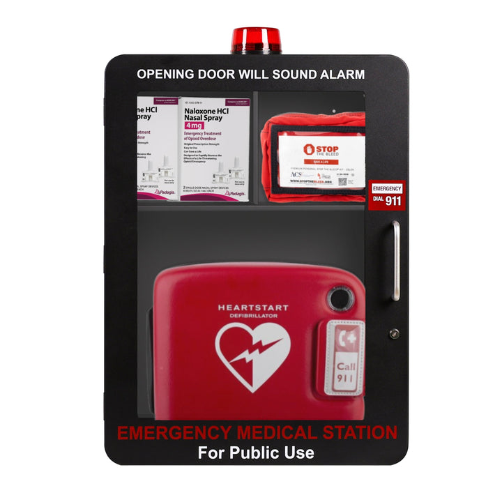 Emergency Medical Station | AED & Naloxone Wall Mount Cabinet Designed to Store AED's, Naloxone Overdose Kits, Bleeding Control Kits & First Aid Kits for Public Spaces