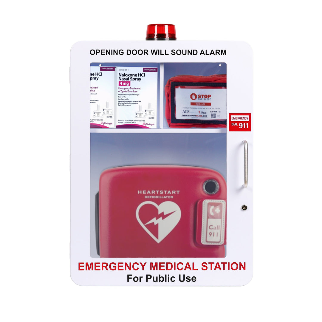 Emergency Medical Station | AED & Naloxone Wall Mount Cabinet Designed to Store AED's, Naloxone Overdose Kits, Bleeding Control Kits & First Aid Kits for Public Spaces