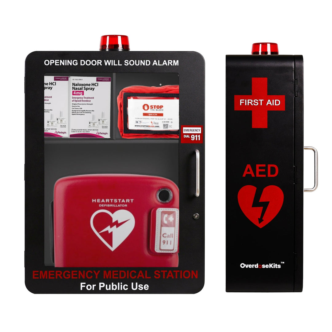 Emergency Medical Station | AED & Naloxone Wall Mount Cabinet Designed to Store AED's, Naloxone Overdose Kits, Bleeding Control Kits & First Aid Kits for Public Spaces