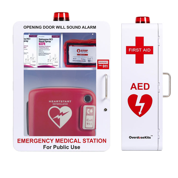 Emergency Medical Station | AED & Naloxone Wall Mount Cabinet Designed to Store AED's, Naloxone Overdose Kits, Bleeding Control Kits & First Aid Kits for Public Spaces