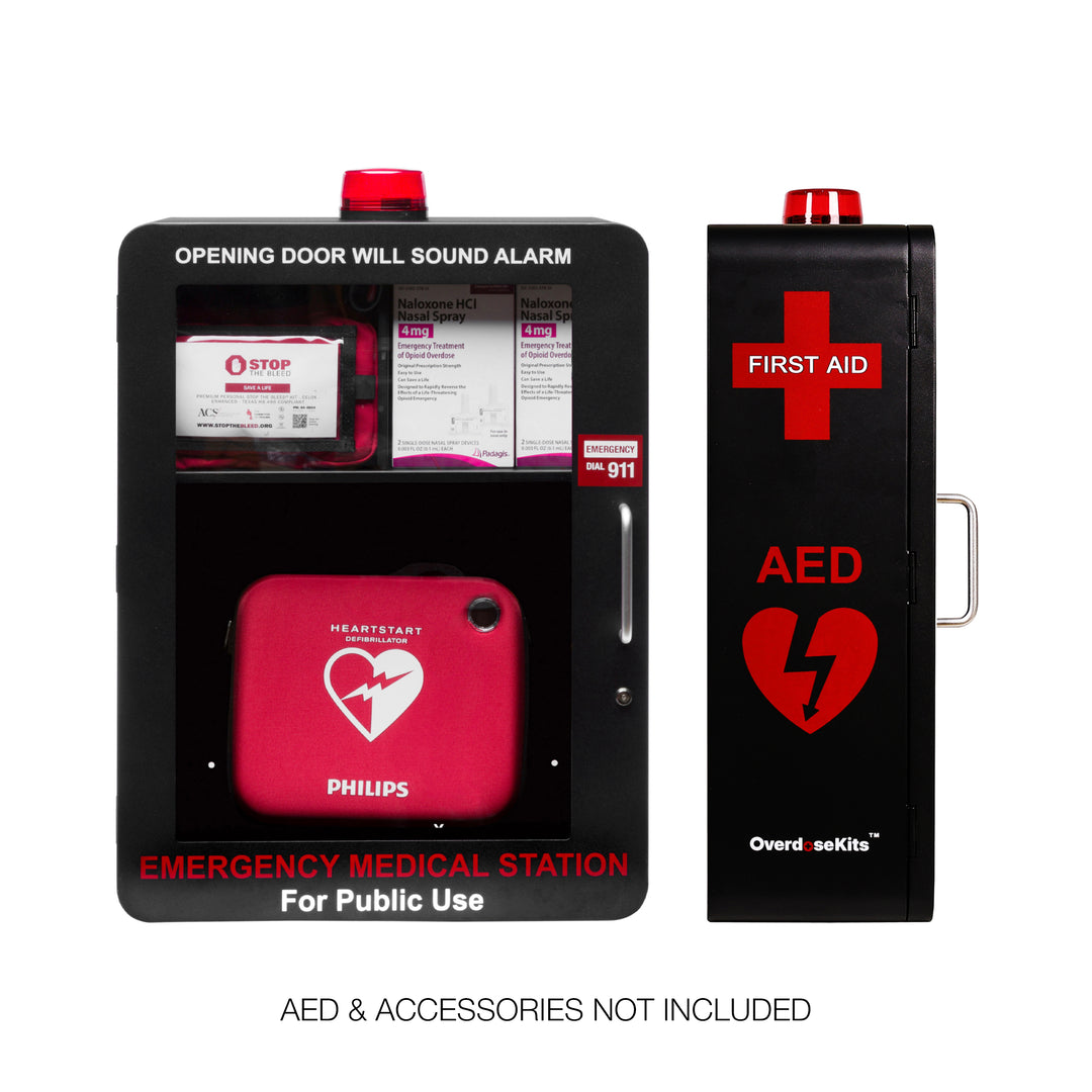 Emergency Medical Station | AED & Naloxone Wall Mount Cabinet Designed to Store AED's, Naloxone Overdose Kits, Bleeding Control Kits & First Aid Kits for Public Spaces